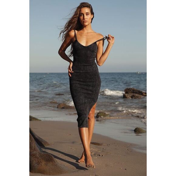 Lulus Basic Bae Washed Black Ribbed Bodycon Midi Dress - Size L - Picture 1 of 6